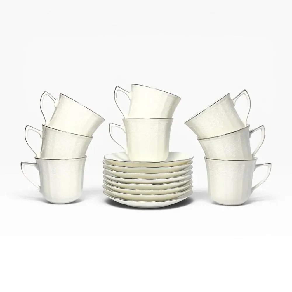 Noritake “Chandon, Platinum” Set of 8 Bone China Teacups 3” 8oz & Saucers 6”